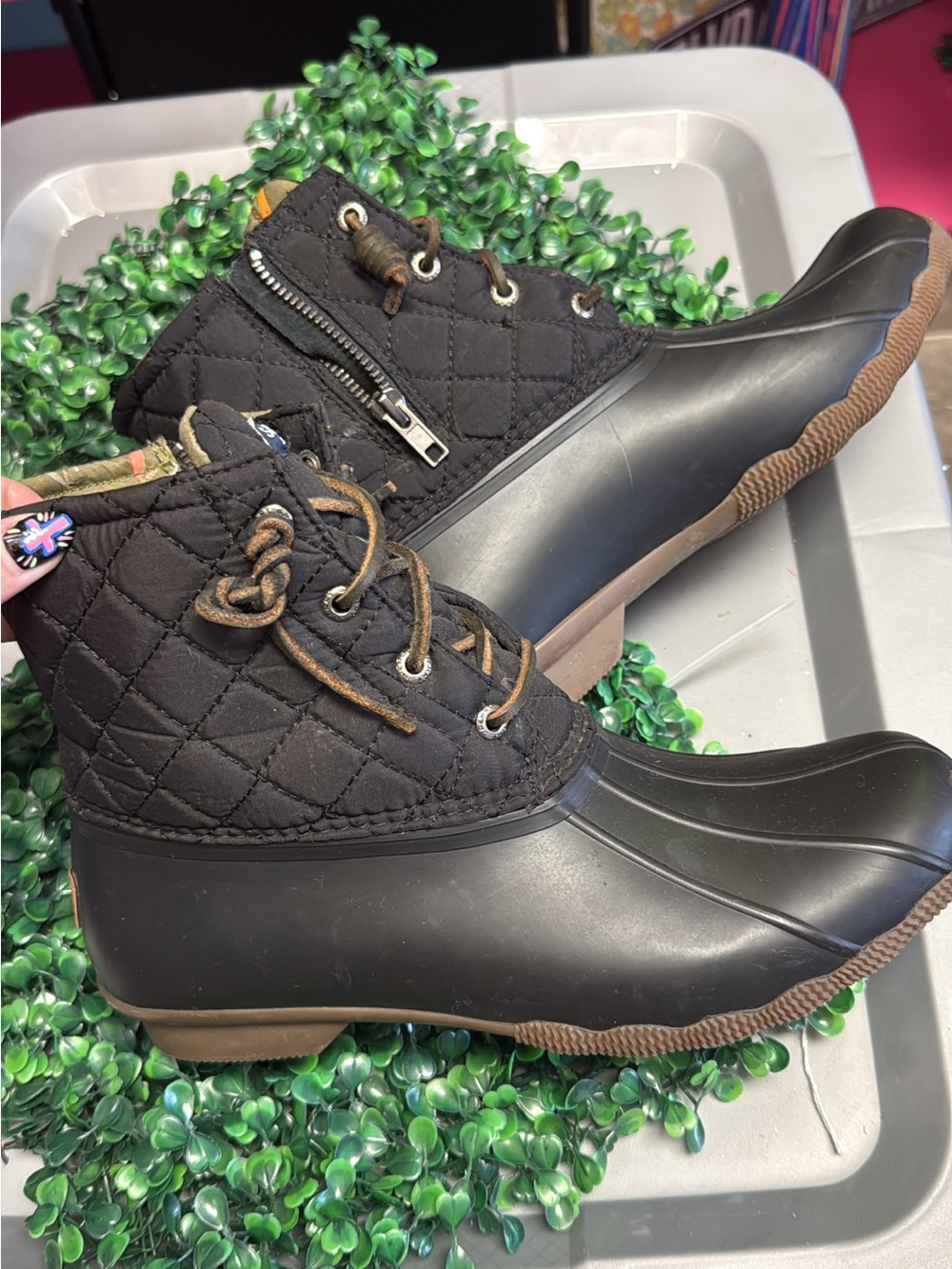 Sperry Black Quilted Duck Boots with Brown Accents